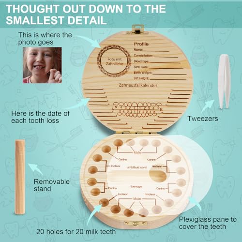 Aolso Milchzahndose Holz, Milchzahndose Mädchen & Jungen, Zahnbox für Milchzähne aus Holz mit Namen zum Aufstellen, Zahndose für Zahnfee Geschenke mit Display Funktion (Zahnmuster)