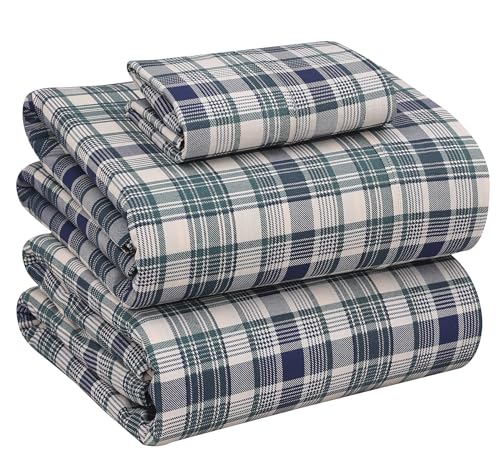 RUVANTI 100% Cotton Twin XL Sheet Sets, 3 Pieces, Soft & Breathable Percale Weave Bedding, Deep Pocket 16", Hotel Standard, Crisp Cool Feel, Durable, Perfect Size Plaid Sheets, Greenish Blue Plaid