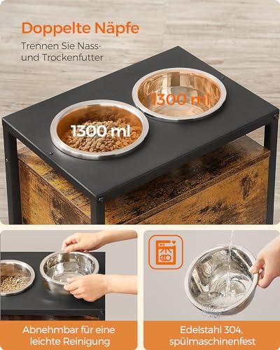 Feandrea Hundenapf erhöht, für große Hunde, Futternapf mit Gestell, erhöhter Fressnapf mit Schublade, Futterstation, 2 Schüsseln, 39 cm hoch, vintagebraun-schwarz PRB101X01V1