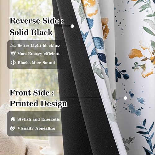 Image of MYSKY HOME 95% Blackout Floral Curtains 90 inch Long for Bedroom Living Room Flower Patterned Room Darkening Thermal Insulated Soundproof Grommet Window Treatments, 2 Panels, 52 inch Wide, Yellow and Blue