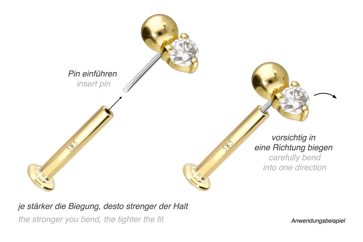 PIERCINGLINE 14 Karat Gold Labret Ohr-Piercing mit Push Fit MOISSANIT+ KUGEL Farb & Größenauswahl
