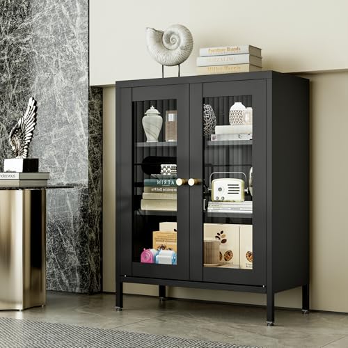 Bevivog Small Display Cabinet with Glass Doors, 12' Shallow Metal Storage Cabinets Short Bookcase Cabinet with Two Door Two Shelves Metal Glass cabinets for Home Office Living Room