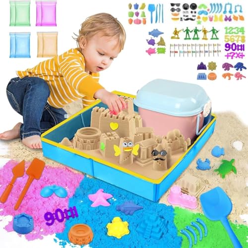 Space Toy Sand 145pcs Play Sand Art Kit with Sandbox 4kg Four Colorful Sand 2kg Molds Storage Box Fun Gift for Kids Moulding and Creating for Kids Aged 3 and Up Indoors Outdoors Activity(6kg)
