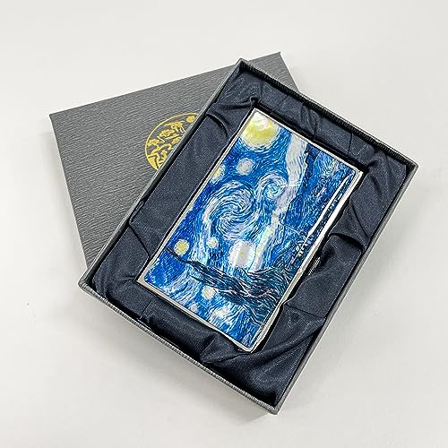 Image of Mother of Pearl Business Card Case Credit Id Name Holder Travel Wallet Art Painting Design Metal Stainless Steel Engraved Slim Purse Pocket Cash Money Wallet (Starry Night)