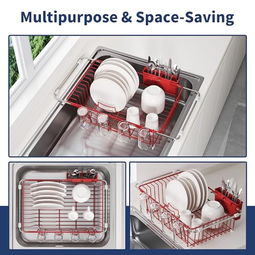 Image of JASIWAY Red Dish Drying Rack in Sink, Dish Drainer with Utensil Holder