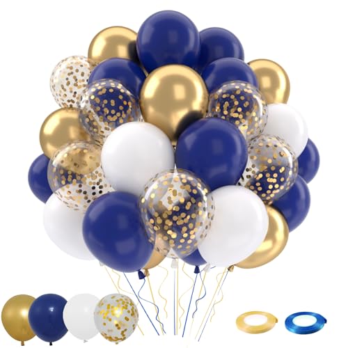 Patimate Navy Blue Gold Balloons Set, 50 pcs 12 inch Metallic Gold Navy Blue White Confetti Latex Balloons Kit for Birthday Baby Shower Graduation Party Decorations