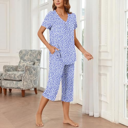 Image of Bestbee Women's Pajama Sets 2 Piece Lounge Outfits Summer Sleepwear V Neck Short Sleeve Capri Pant With Pockets Ladies Pjs