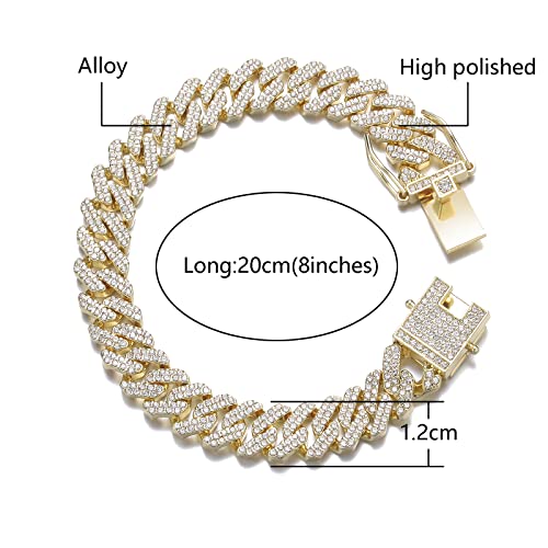 Hdmenc Mens Miami Cuban Link Chain Bracelet 12Mm Diamond Prong Cuban Chain 8 Inch Length Hip Hop Jewely With Gift Box (Gold, 8 Inch) #TOP5