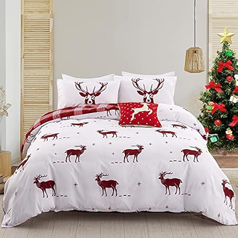Christmas Duvet Cover Set King Size, Red White Plaid Reindeer Elk Bedding Set 3 Pieces, Soft Microfiber Xmas Holiday New Year Gift for Kid Women Men Adult Comforter Cover 104"x90" Bedroom Decor Cover