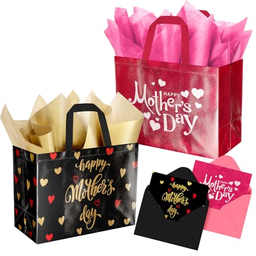 ysmile 2 Pack Mothers Day Gift Bags with Tissue Paper & Cards Reusable Non-Woven Gift Totes for Mom Grandma Grandmother (12.6 Pink & Black Gold)