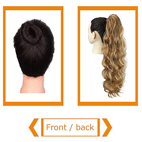 Kethbe 24 Inch Long Body Wave Ponytail Hair Extension Synthetic Heat Resistant Wrap Around Drawstring Curly Wavy Ponytail Hairpieces For Women(Blonde Mix Brown) #TOP3