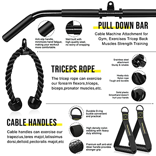 RENRANRING Fitness LAT and Lift Pulley System Gym - Upgraded LAT Pull Down Cable Machine Attachments, Loading Pin, Handle and Tricep Bar, for Biceps Curl, Forearm, Triceps Exercise Gym Equipment