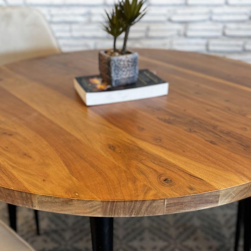 Image of Solid Mango Wooden Round 4 Seater Dining Table for Living Room, Dining Room, Hotel & Home, Brown Finish, Only Dinning Table (107 x 107 x 76 Centimeters)