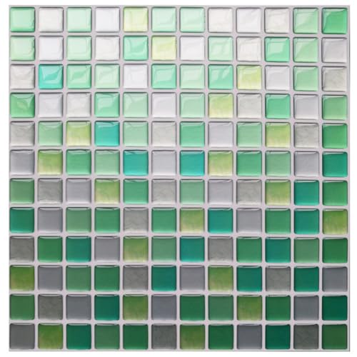 Calcomanías decorativas de azulejos estilo mosaico, adhesivo de vinilo 3D para pared, azulejos impermeables para cocina, baño, 5/10 unidades de 23,6 x 23,6 cm (verde, 10 unidades)