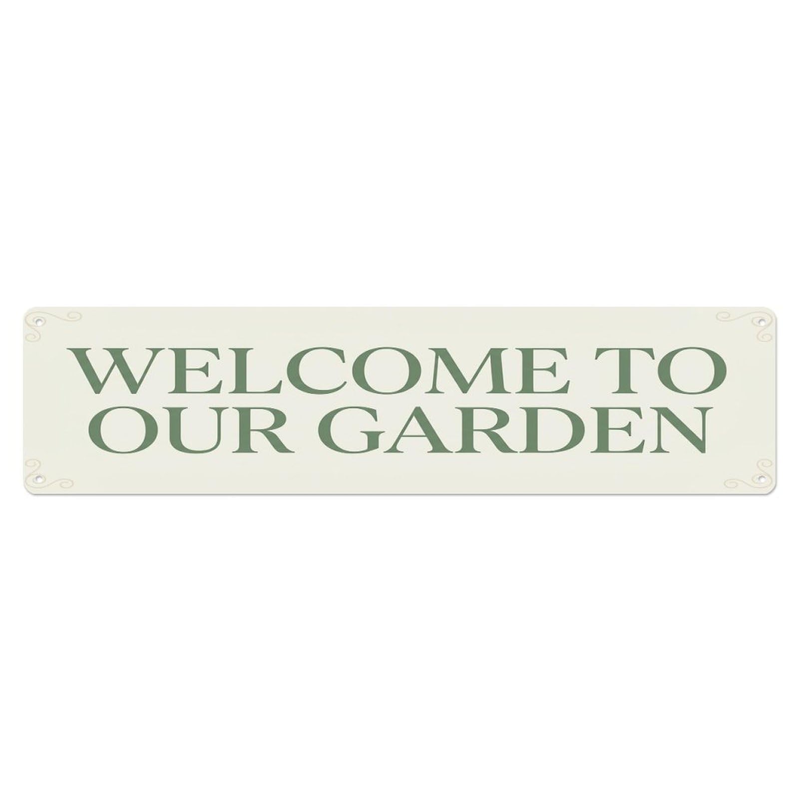 Vintage Welcome to Our Garden Cream White Metal Tin Sign
