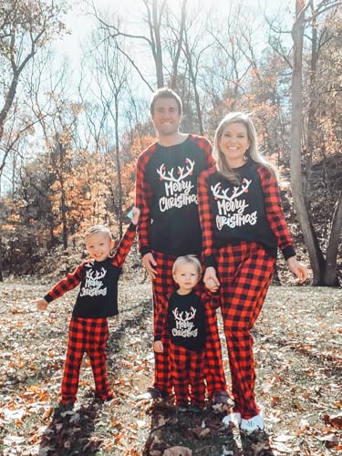 Image of IFFEI Matching Family Pajamas Sets Christmas PJ's with Letter and Plaid Printed Long Sleeve Tee and Bottom Loungewear