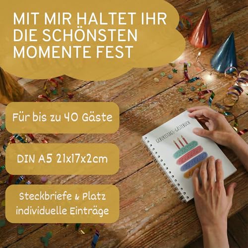 GLEDESTUND® Gästebuch Geburtstag mit Fragen | 40 Doppel-Seiten | 7 verschiedene Steckbriefe inkl. Fragen | Fotoalbum Geburtstag | DIN A5