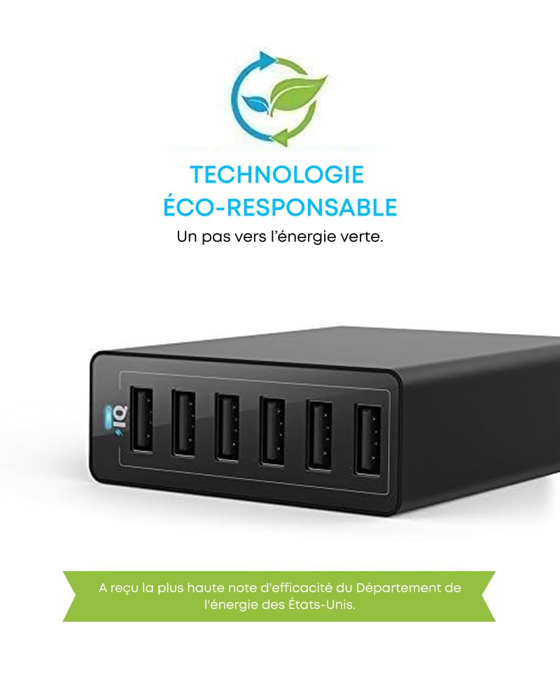 Anker Chargeur Secteur USB PowerPort 6 Ports 60W - Chargeur mural avec technologie PowerIQ, Adaptateur de Voyage pour smartphones et tablettes: iPhone, iPad, Samsung et autres
