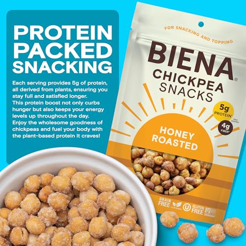 BIENA Chickpea Snacks - Crunchy Roasted Chickpeas - High Fiber Protein Snacks for Adults and Kids - 8-Pack, 5 Ounce Bags - Honey Roasted - image 2