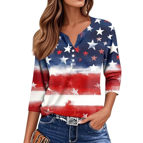 Image of 4th of July Shirts Women 3 /4 Length Sleeve Womens Tops Henley Neck Casual Patriotic T Shirts