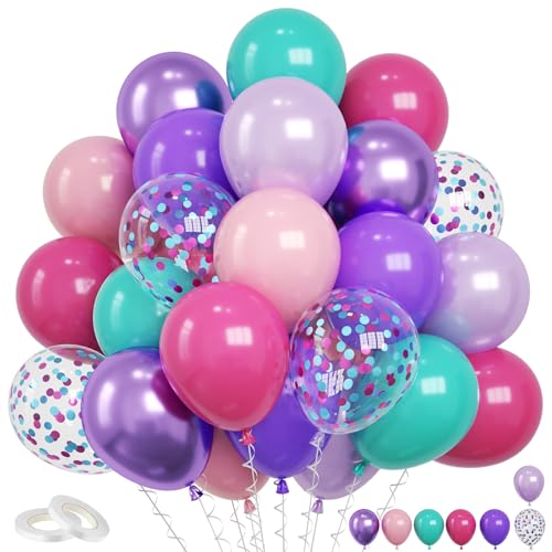 Image of Pink Purple Blue Balloons, 60PCS Hot Pink Balloons, 12 Inch Confetti Balloon Pastel Pink Teal Blue Metallic Purple Party Balloon for Girls Women Baby Shower Princess Wedding Birthday Party Decoration