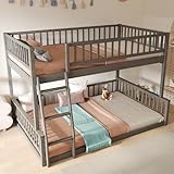 Merax Full XL Over Queen Floor Bunk Bed, Kids Bedroom Gray Wooden Bunk Bed Frame, Convertible to 2 Separated Beds with Trundle, Ladder & Guardrail for Teens, Wood Slat Support, Easy Assembly, Grey