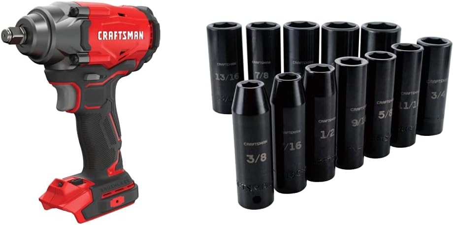Craftsman V20 Impact Wrench, Cordless, Brushless, 1/2-Inch, Tool-Only w/Deep Impact Socket Set, SAE, 1/2-Inch Drive, 12 Pieces (CMCF920B & CMMT15886)
