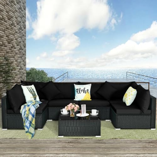 Image of DEVOKO 6 Seater Black Wicker Rattan All Weather Furniture with Glass Top Table for Outdoor, Indoor, Garden, Patio, Pool, Terrace