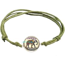 LERYDESI Colorful Elephant Jewelry Set Elephant Bracelet Green Wax Rope Elephant Necklace Moon Charm Art Pendant for man and Women Unisex