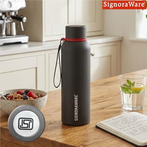 Image of SignoraWare Parkour Vacuum ISI Certified Stainless Steel Bottle With Hanging Strip | Airtight & Leakproof | Easy To Clean | Lightweight | Ideal for School, Office, Gym Or Outdoors (900ml | Black)