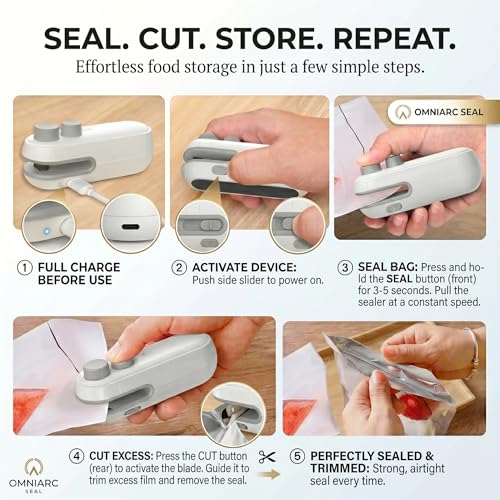 Image of OMNIARC SEAL Mini Heat Sealer | USB-C Rechargeable, Portable Bag Sealer, For Snack & Food Packets, Kitchen Freshness Saver