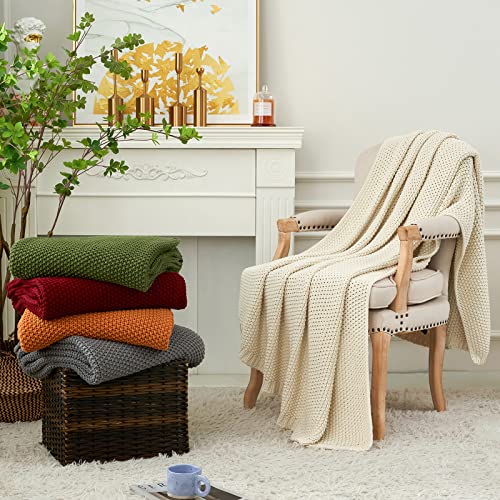 Longhui Bedding Chunky Cable Knit Throw Blanket Lightweight Olive Green 100% Organic Cotton Blanket For Sofa Couch Bed Baby Nursery, Rustic Shabby Chic Modern Farmhouse, 51” X 63” Give Laundering Bag #TOP5
