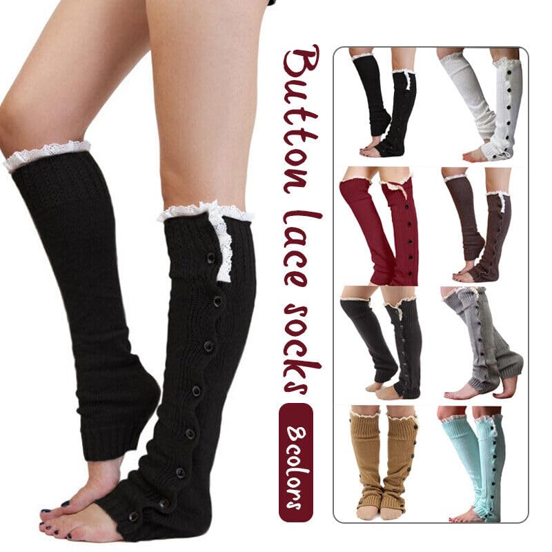 Image of GK-O Women's Kawaii Lolita Lace Knitted Leg Warmer Over Knee Thigh-high Button Socks (Coffee), Medium