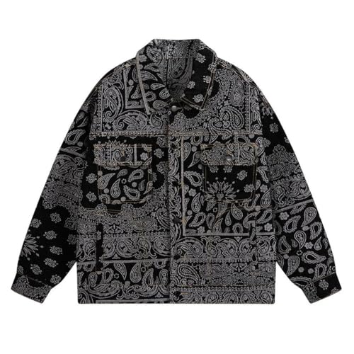Men's Loose Fit Denim Jacket With Paisley Bandana Print Jacquard Weave Turn-Down Collar Single Breasted Casual Outerwear2