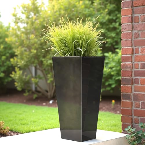 Worth-Garden-28-Large-Metal-Glazed-Planter-Set-of-2-Luxurious-Glossy-Finish-Black-Tall-Square-Tapered-Steel-Plant-Pots-Decor-Flower-Pot-Indoor-Outdoor-Drainage-Hole-Dual-Purpose-Plant-Saucer Worth Garden 28 Large Metal Glazed Planter Set of 2 Luxurious Glossy Finish Black Tall Square Tapered Steel Plant Pots Decor Flower Pot Indoor Outdoor Drainage Hole Dual Purpose Plant Saucer