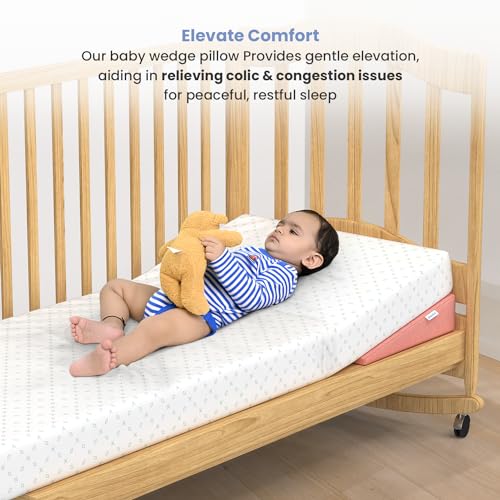 Image of Cherilo Full Size Elevated Wedge Pillow for Baby Crib & Mattress, Helps to Elevate Baby for Acid Reflux, Colic, GERD, Heat Burn & Vomiting | 28 inch x 14 inch x 3.5 inch | - with Removable Velvet Cover - Peach