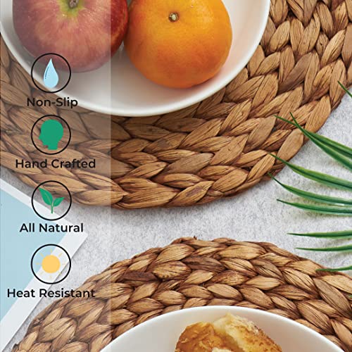 Barien 12 Inches Brown Woven Placemats Round Set Of 6 With Decorative Holder Tray, Natural Water Hyacinth Weave Placemat For Dining Table, Large Handmade Woven Placemats Heat Resistant Non-Slip #TOP6
