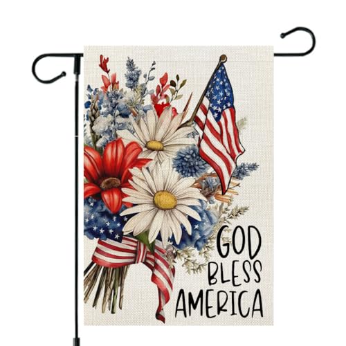 CROWNED BEAUTY 4th of July Patriotic Floral Garden Flag God Bless America 12×18 Inch Double Sided for Outside Small Independence Day Yard Decorations