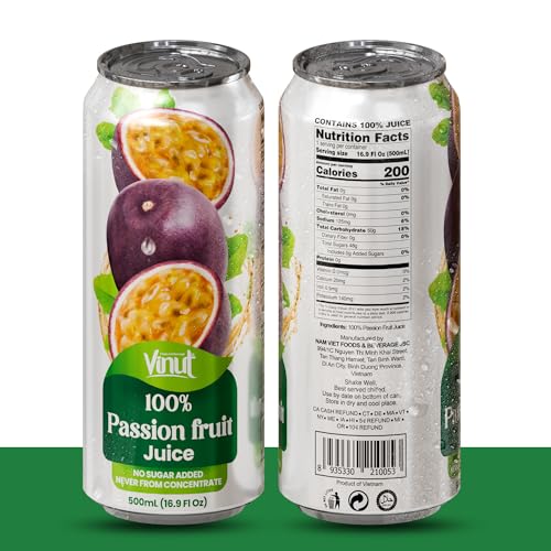 Image of VINUT 100% Passion Fruit Juice, No Added Sugar, Not From Concentrate, 16.9 fl oz (500 mL) Can, Pack of 6