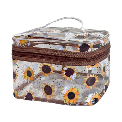 TotePrint Clear Printed Sunflower Cosmetic Bag and Travel Pouch with Handle-Durable PVC Material,Versatile,Zipper Design for Smooth Sliding-Ideal for Makeup,Travel Essentials (Yellow Sunflower)