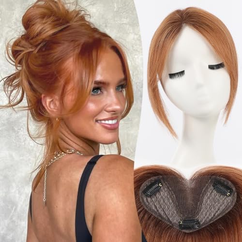 Human Hair Toppers for Women 8 Inch Real Human Hair Topper with Curtain Bangs,5"x3" Upgrade SilkHug Swiss Base（Ginger 30#）