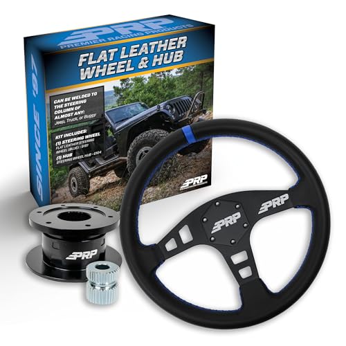 PRP Flat Leather Steering Wheel Kit, Blue with Quick Release Hub - Universal Weld-On Adapter - High-Strength Aluminum, 13" Diameter, Flat Dish, 1-3/8" Grip