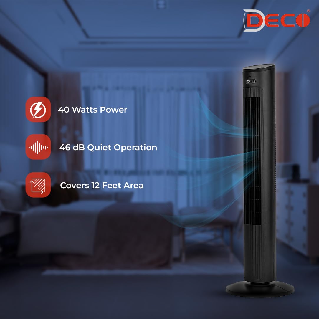 DECO Cruiser Indoor Tower Fan with Touch Remote (Black, 40 W) | 3 Wind Modes, 3 Speed Settings | Internal Oscillation, Large 2