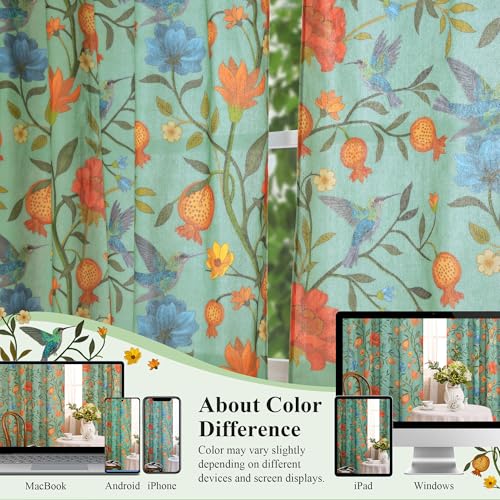 Image of JOOJA 54 Inch Boho Floral Curtains Tropical Bird Print Linen Semi Sheer Window Drapes for Kitchen, Bedroom, Bathroom, Living Room, Dining Room, Green
