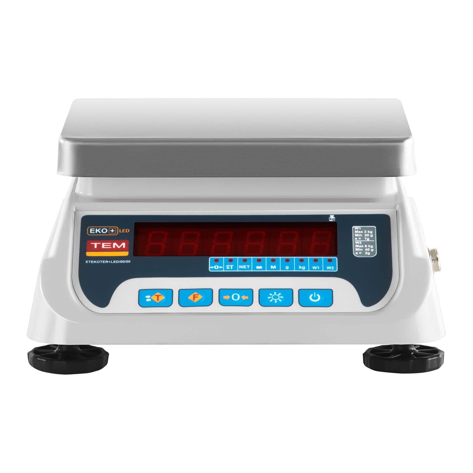 TEM Tischwaage Marktwaage Kontrollwaage digitale Waage TEKO+LED06T-PLS-B1 (kalibriert, geeicht, 3 kg/6 kg, 1g/2 g, LED-Display, Akku bis 40 h Betrieb, versch. Funktionen)