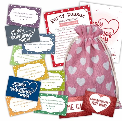 luixd Valentine's Day Pass The Bag Game - 44 Game Cards & 1 Pink Pass Bag with Heart Design - Valentines Group Activity & Gathering Prize Game, Party Game - Home & Office Party Favor - A04