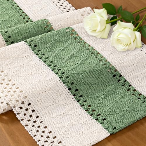 Image of MLMC Sage Green Boho Table Runner Farmhouse Macrame Woven Table Runner 72 inch Long Rustic Cotton Linen Blend Table Decor for Dinning Kitchen Wedding Bridal Shower Eveyrday Use 12x72 Inch