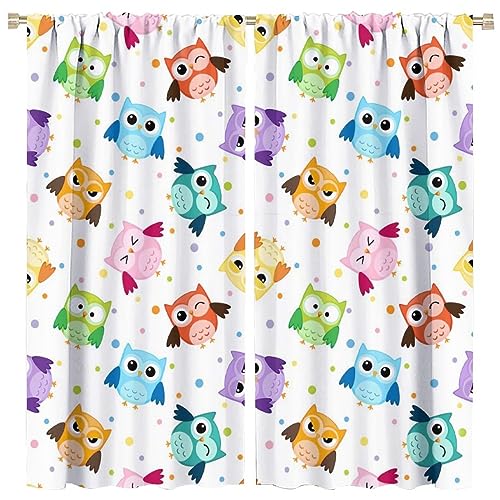 Funny Cartoon Owls Curtains - Rainbow Colorful Forest Woodland Animals Owls Polka Dot Print Window Drapes Room Darkening Blackout Curtains Thermal Insulated Rod Pocket Curtains 2 Panels 63