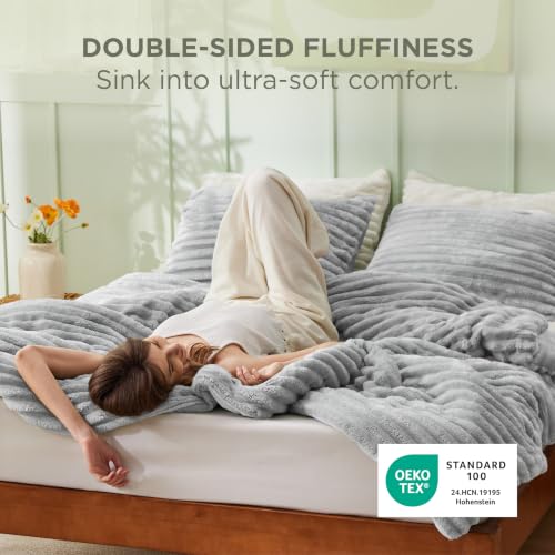 Image of Bedsure King Fluffy Comforter Set - GentleSoft 3 Pieces Luxury Fleece Light Grey Bedding, Cozy Room Decor Aesthetic, 1 King Bed Comforter (104 inchx90 inch) and 2 Pillowcases (20 inchx36 inch)