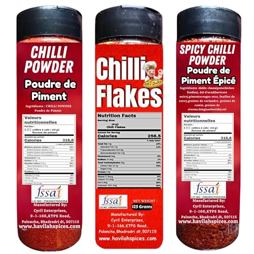 Image of Havilah Pizza Chilli Flakes (100 g), Pizza Masala Karam (125 g) Featuring Koora Karam,Gun Powder, and Chilli Powder (125 gm) Guntur Teja Chilli for Delicious Cooking- Spice Combo